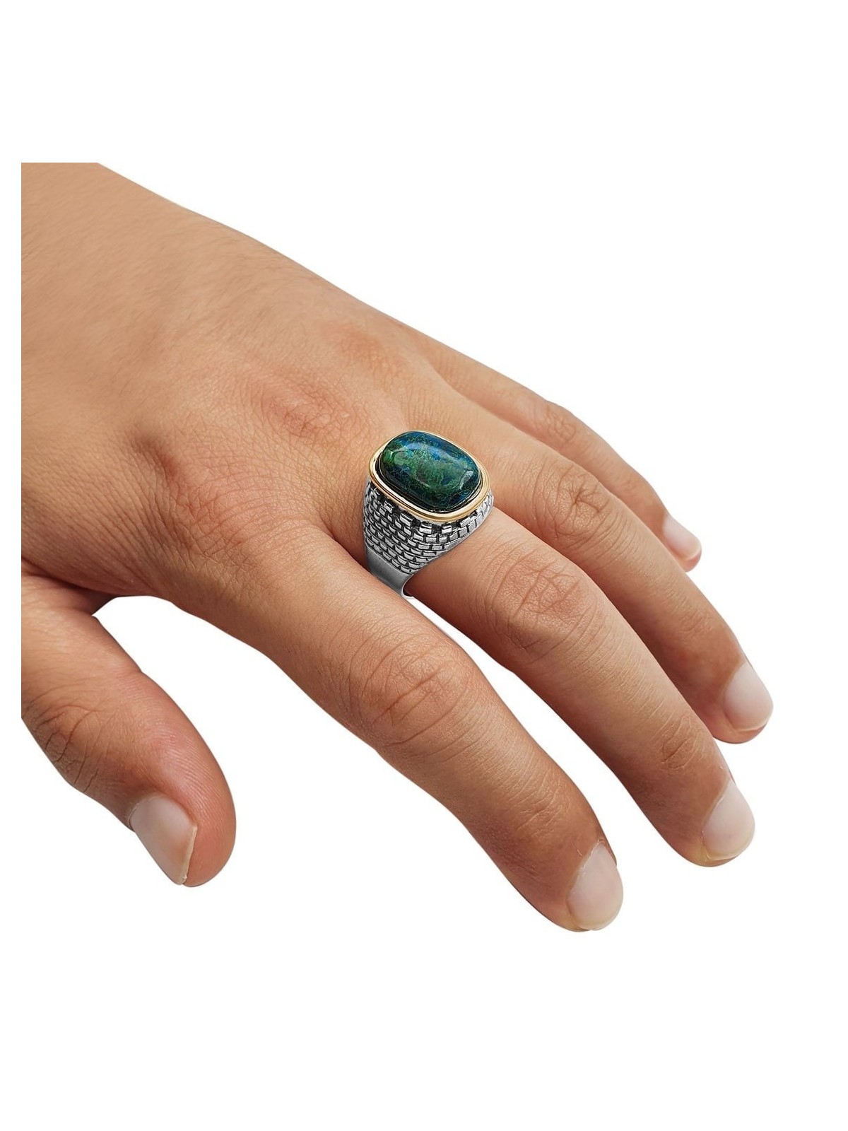Deluxe Eilat Stone, Silver and Gold Filled Ring - Old Jerusalem Motif